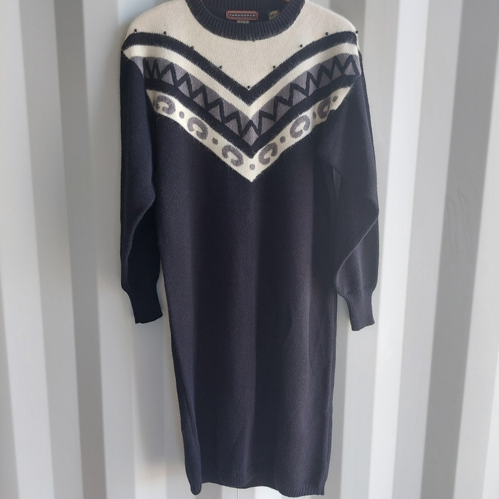 Yarnworks Vintage Aztec Sweater Dress Black Size Large‎